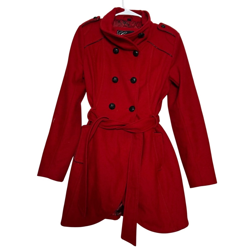Y2K Guess Womens Red Wool Blend Double Breasted Belted‎ Trench Pea Coat *FLAW